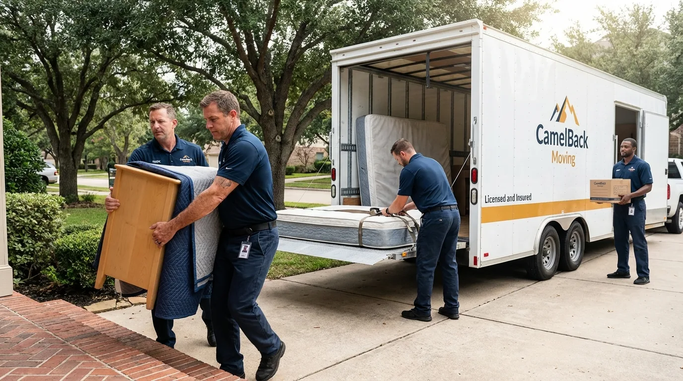 Crew loading residential truck for cross-state move from Wharton, TX