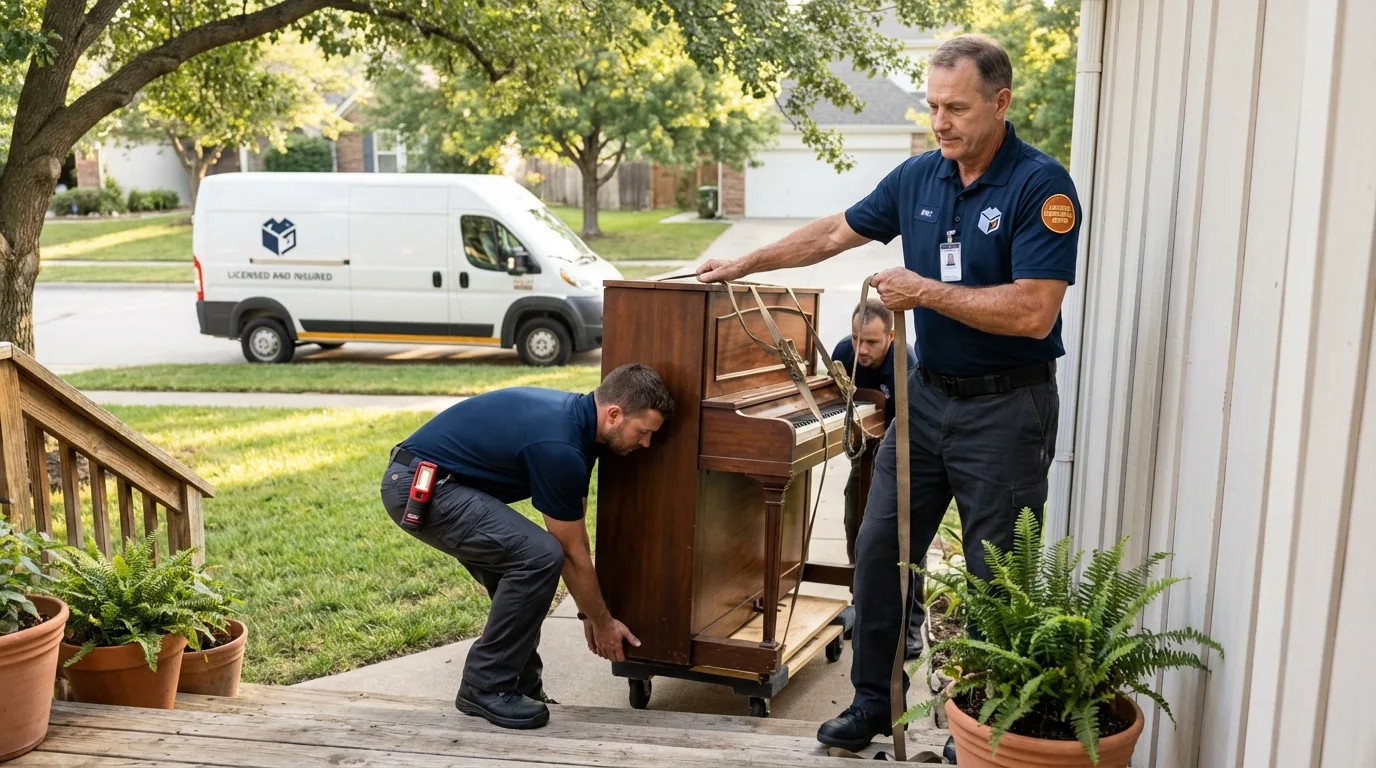 Licensed piano movers securing grand piano in Wharton, TX