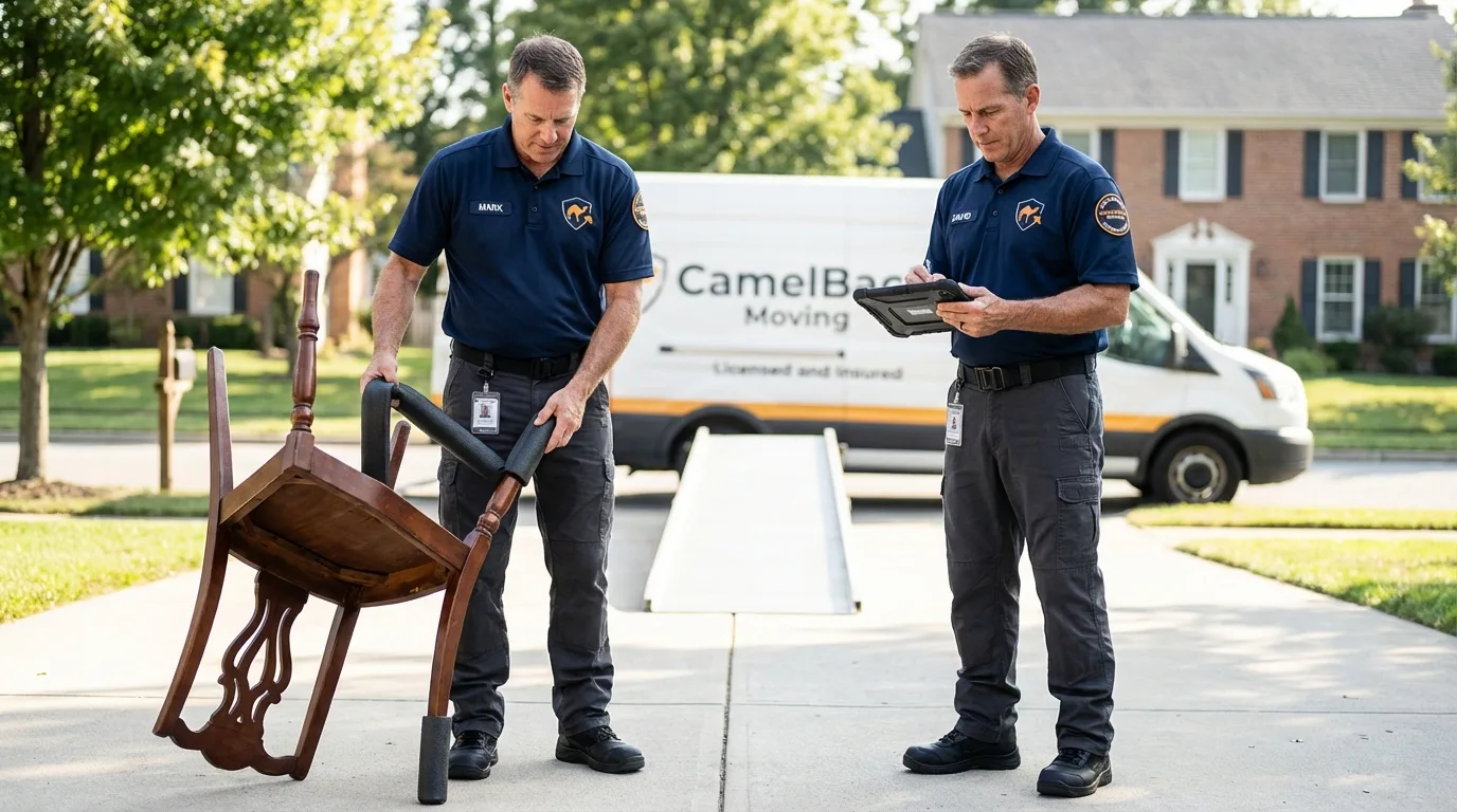 Movers inspecting furniture for damage prevention before loading in Wharton, TX